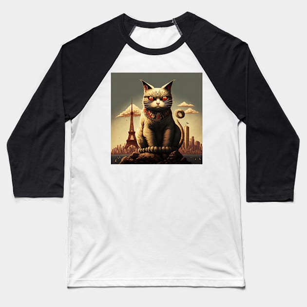 Catzilla waiting in Paris Baseball T-Shirt by JayD World